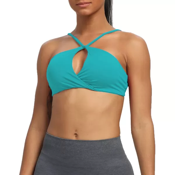 imageAoxjox Womens Workout Sports Bras Fitness Adjusted Backless Padded Ariel Halter Bra Yoga Crop Tank TopCascade Blue