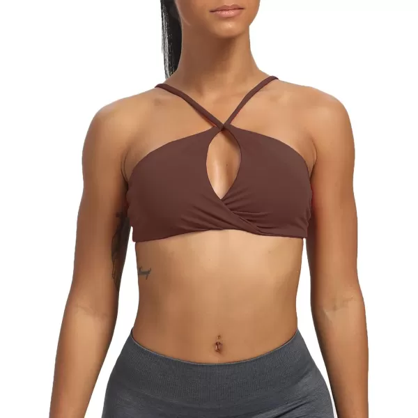 imageAoxjox Womens Workout Sports Bras Fitness Adjusted Backless Padded Ariel Halter Bra Yoga Crop Tank TopDark Brown