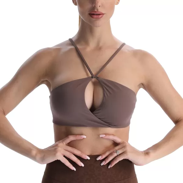 imageAoxjox Womens Workout Sports Bras Fitness Adjusted Backless Padded Ariel Halter Bra Yoga Crop Tank TopFudge Coffee