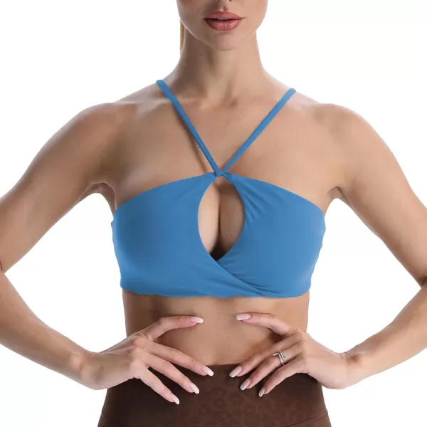imageAoxjox Womens Workout Sports Bras Fitness Adjusted Backless Padded Ariel Halter Bra Yoga Crop Tank TopMykonos Blue