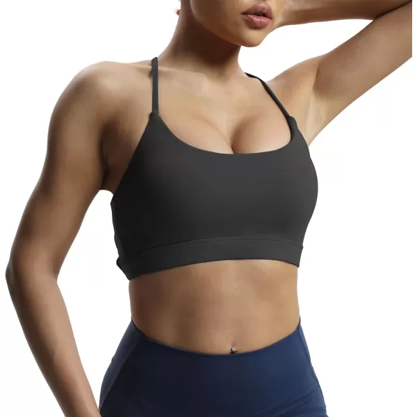 imageAoxjox Womens Workout Sports Bras Fitness Julie Crossback Thin Straps Padded Low Impact Bra Yoga Crop Tank TopBlack