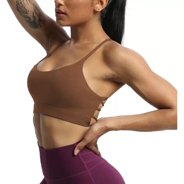 imageAoxjox Womens Workout Sports Bras Fitness Julie Crossback Thin Straps Padded Low Impact Bra Yoga Crop Tank TopDandelion Brown