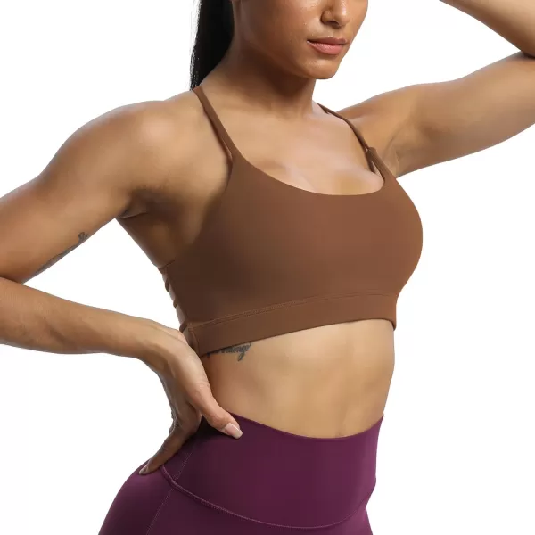 imageAoxjox Womens Workout Sports Bras Fitness Julie Crossback Thin Straps Padded Low Impact Bra Yoga Crop Tank TopDandelion Brown