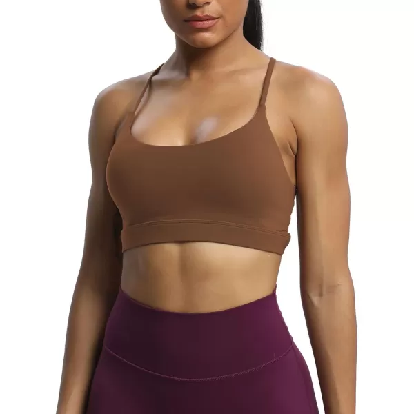 imageAoxjox Womens Workout Sports Bras Fitness Julie Crossback Thin Straps Padded Low Impact Bra Yoga Crop Tank TopDandelion Brown