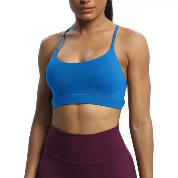 imageAoxjox Womens Workout Sports Bras Fitness Julie Crossback Thin Straps Padded Low Impact Bra Yoga Crop Tank TopDirectoire Blue