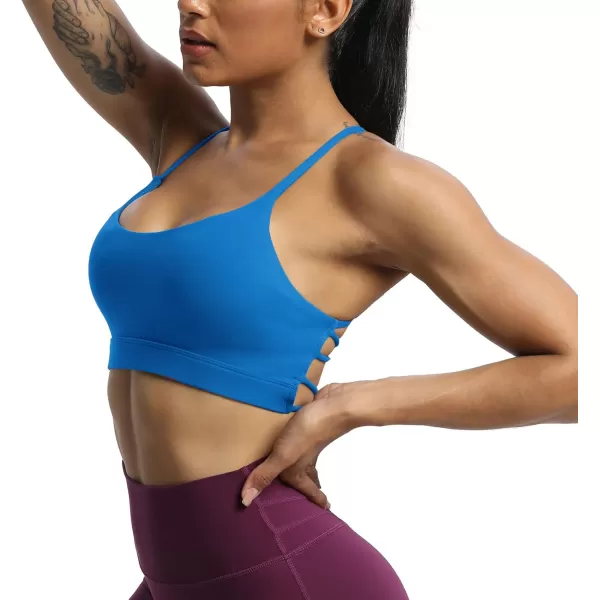 imageAoxjox Womens Workout Sports Bras Fitness Julie Crossback Thin Straps Padded Low Impact Bra Yoga Crop Tank TopDirectoire Blue