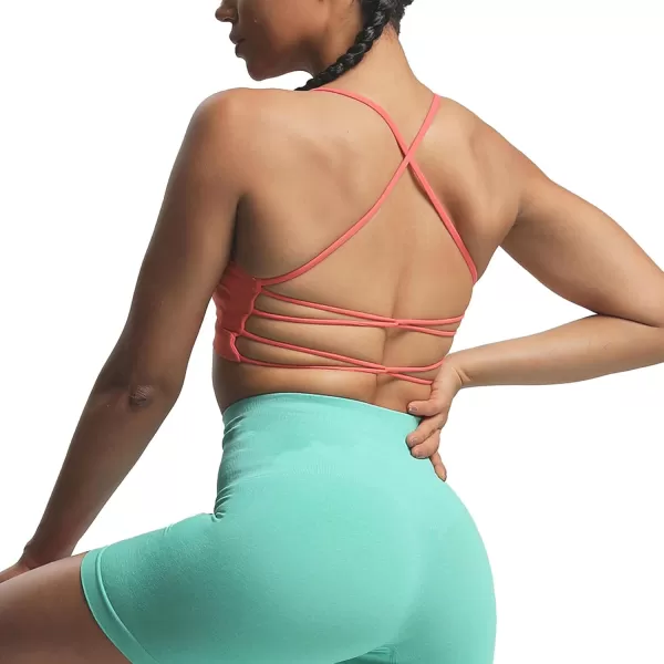imageAoxjox Womens Workout Sports Bras Fitness Julie Crossback Thin Straps Padded Low Impact Bra Yoga Crop Tank TopSpiced Coral