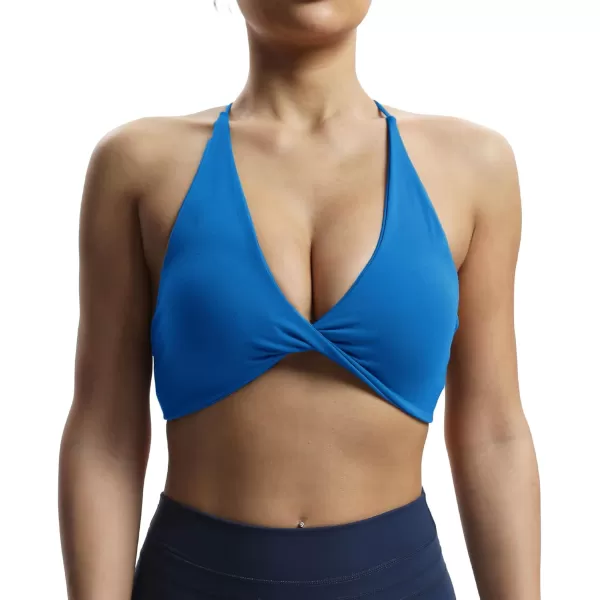 imageAoxjox Womens Workout Sports Bras Fitness Veronica Cross Back Padded Low Impact Twist Bra Yoga Crop Tank TopDirectoire Blue