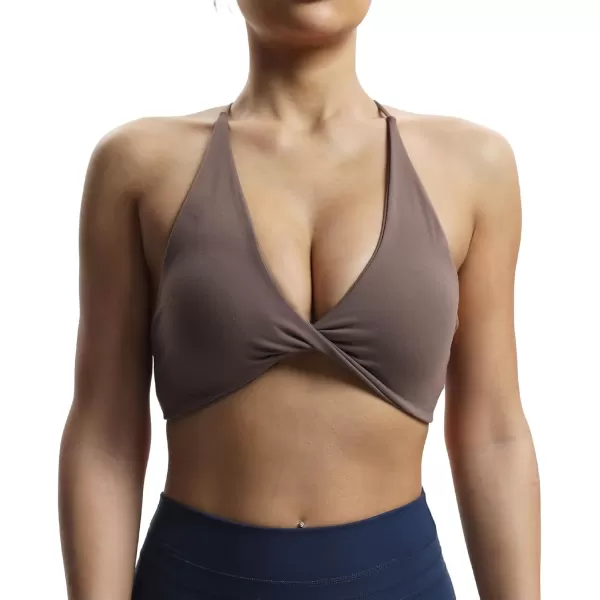 imageAoxjox Womens Workout Sports Bras Fitness Veronica Cross Back Padded Low Impact Twist Bra Yoga Crop Tank TopFudge Coffee