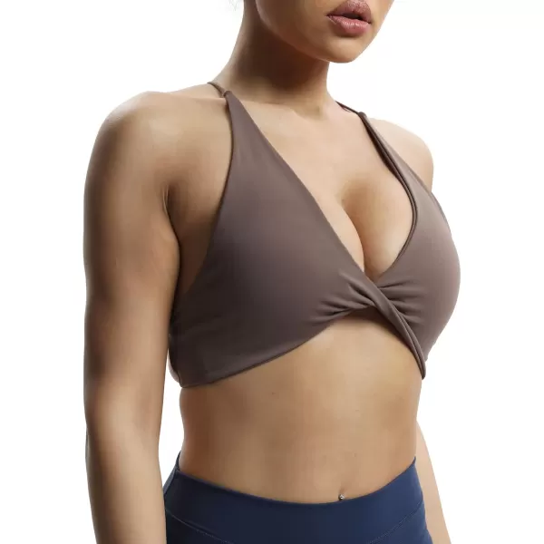 imageAoxjox Womens Workout Sports Bras Fitness Veronica Cross Back Padded Low Impact Twist Bra Yoga Crop Tank TopFudge Coffee