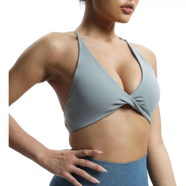 imageAoxjox Womens Workout Sports Bras Fitness Veronica Cross Back Padded Low Impact Twist Bra Yoga Crop Tank TopGrey