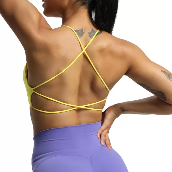 imageAoxjox Womens Workout Sports Bras Fitness Veronica Cross Back Padded Low Impact Twist Bra Yoga Crop Tank TopVibrant Yellow