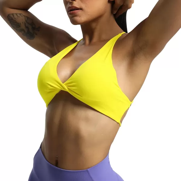 imageAoxjox Womens Workout Sports Bras Fitness Veronica Cross Back Padded Low Impact Twist Bra Yoga Crop Tank TopVibrant Yellow