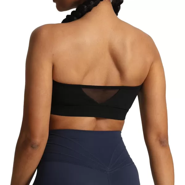 imageAoxjox Womens Workout Strapless Bandeau Bra Mesh Sports Bras Training Fitness Running Yoga Crop Tank TopBlack