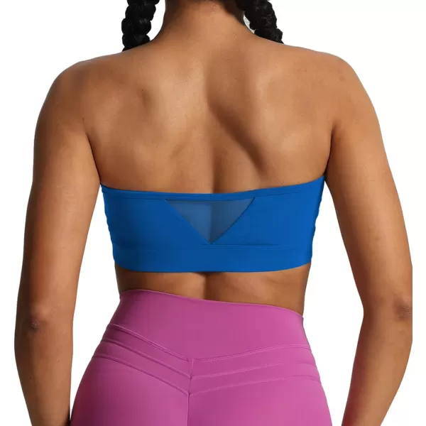 imageAoxjox Womens Workout Strapless Bandeau Bra Mesh Sports Bras Training Fitness Running Yoga Crop Tank TopDirectoire Blue
