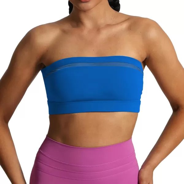 imageAoxjox Womens Workout Strapless Bandeau Bra Mesh Sports Bras Training Fitness Running Yoga Crop Tank TopDirectoire Blue