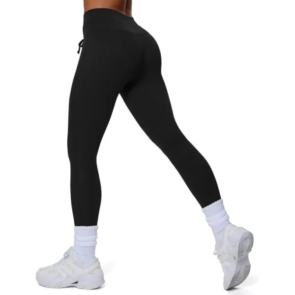 imageAoxjox High Waisted Workout Mila Leggings for Women Tummy Control Drawcord Yoga PantsBlack