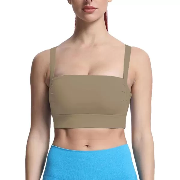 imageAoxjox Womens Workout High Impact Sports Bras Fitness Square Neck Balcony Open Back Bra Yoga Crop Tank TopTaupe