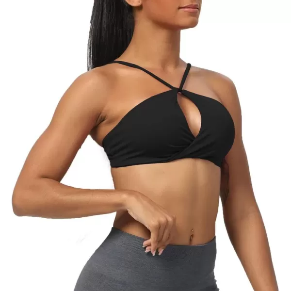 imageAoxjox Womens Workout Sports Bras Fitness Adjusted Backless Padded Ariel Halter Bra Yoga Crop Tank TopA Black