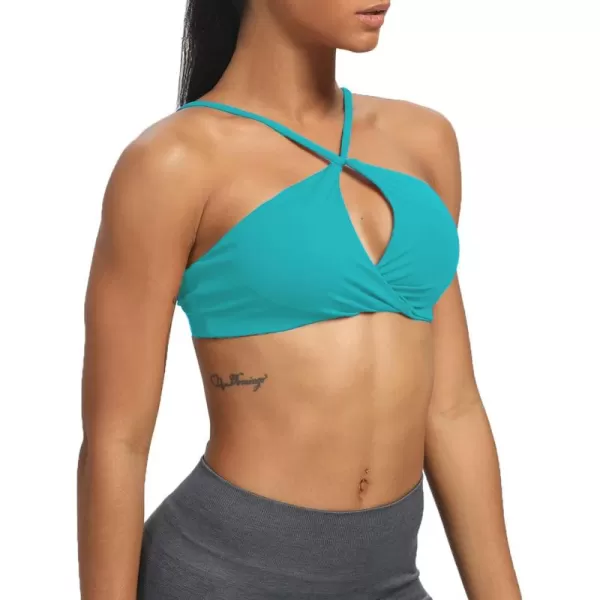 imageAoxjox Womens Workout Sports Bras Fitness Adjusted Backless Padded Ariel Halter Bra Yoga Crop Tank TopCascade Blue