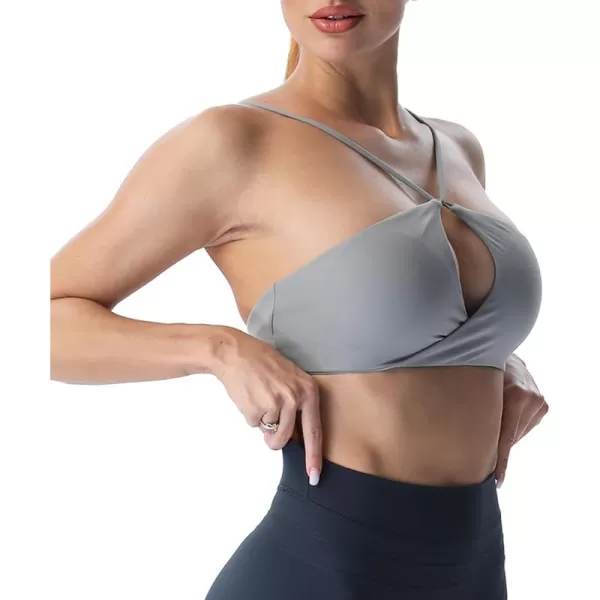 imageAoxjox Womens Workout Sports Bras Fitness Adjusted Backless Padded Ariel Halter Bra Yoga Crop Tank TopGrey