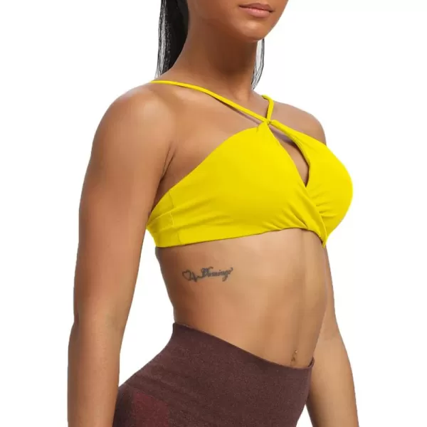 imageAoxjox Womens Workout Sports Bras Fitness Adjusted Backless Padded Ariel Halter Bra Yoga Crop Tank TopVibrant Yellow