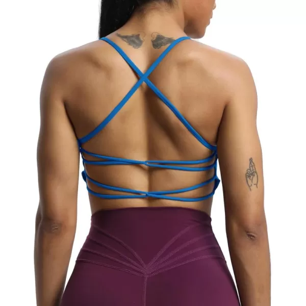imageAoxjox Womens Workout Sports Bras Fitness Julie Crossback Thin Straps Padded Low Impact Bra Yoga Crop Tank TopDirectoire Blue