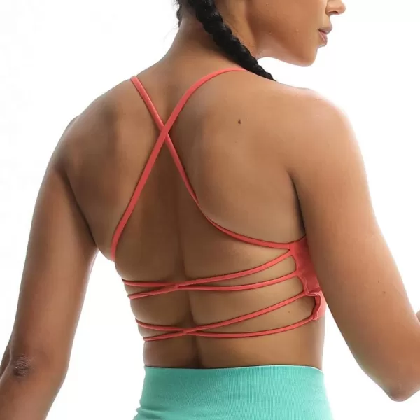 imageAoxjox Womens Workout Sports Bras Fitness Julie Crossback Thin Straps Padded Low Impact Bra Yoga Crop Tank TopSpiced Coral