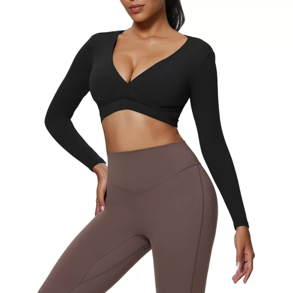 imageAoxjox Leah Long Sleeve Crops for Women Deep V Half Cutout Workout Crop T Shirt TopBlack