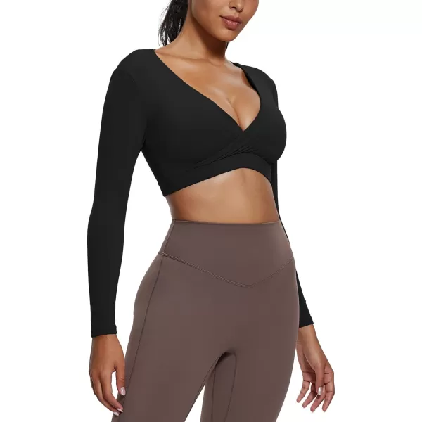 imageAoxjox Leah Long Sleeve Crops for Women Deep V Half Cutout Workout Crop T Shirt TopBlack