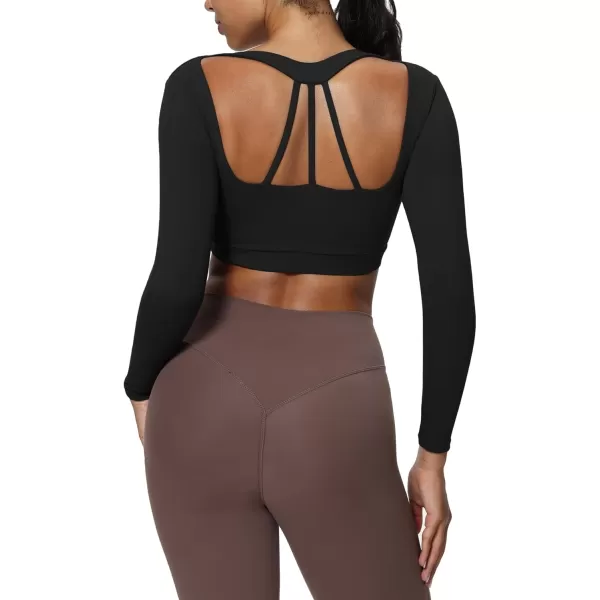 imageAoxjox Leah Long Sleeve Crops for Women Deep V Half Cutout Workout Crop T Shirt TopBlack