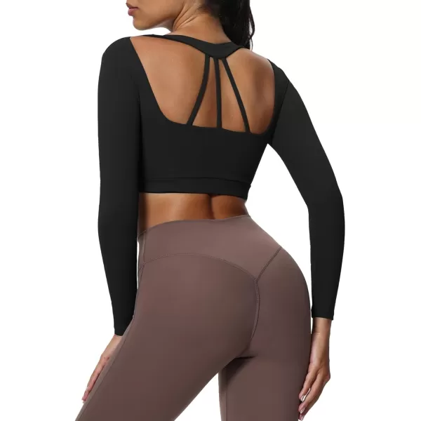 imageAoxjox Leah Long Sleeve Crops for Women Deep V Half Cutout Workout Crop T Shirt TopBlack