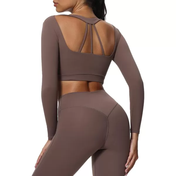 imageAoxjox Leah Long Sleeve Crops for Women Deep V Half Cutout Workout Crop T Shirt TopFudge Coffee