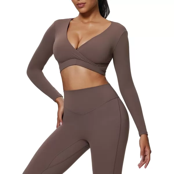 imageAoxjox Leah Long Sleeve Crops for Women Deep V Half Cutout Workout Crop T Shirt TopFudge Coffee