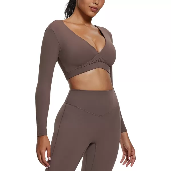 imageAoxjox Leah Long Sleeve Crops for Women Deep V Half Cutout Workout Crop T Shirt TopFudge Coffee