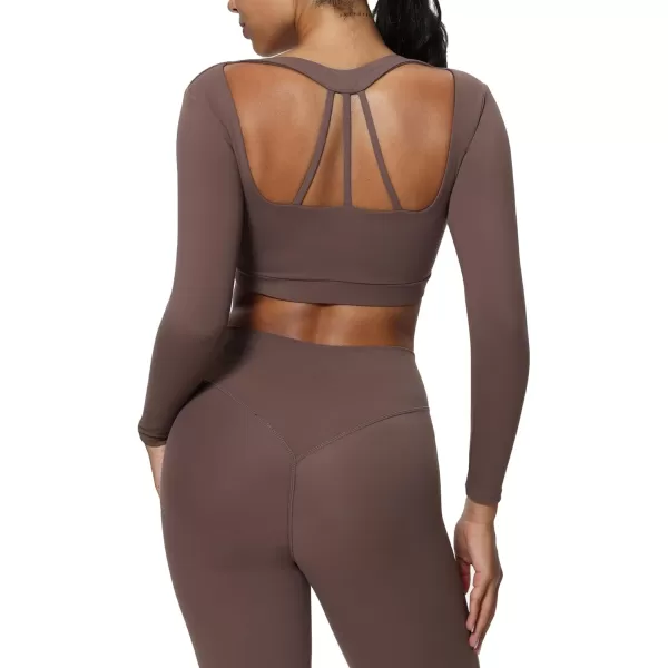 imageAoxjox Leah Long Sleeve Crops for Women Deep V Half Cutout Workout Crop T Shirt TopFudge Coffee
