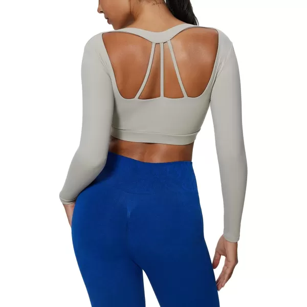 imageAoxjox Leah Long Sleeve Crops for Women Deep V Half Cutout Workout Crop T Shirt TopMink