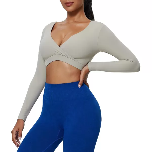 imageAoxjox Leah Long Sleeve Crops for Women Deep V Half Cutout Workout Crop T Shirt TopMink