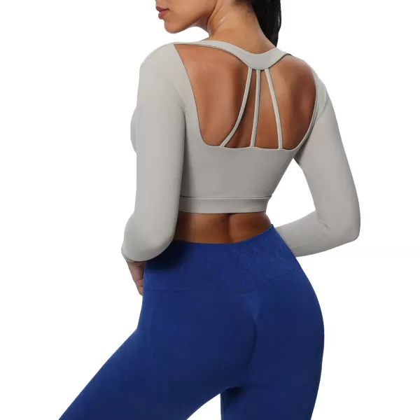 imageAoxjox Leah Long Sleeve Crops for Women Deep V Half Cutout Workout Crop T Shirt TopMink