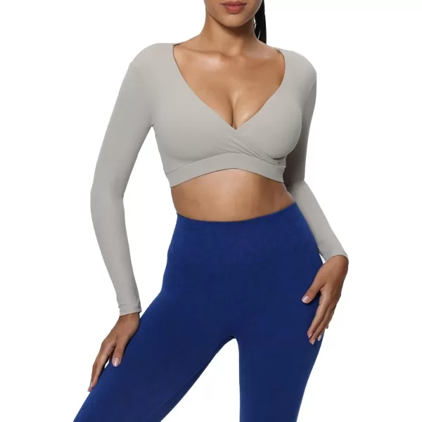 imageAoxjox Leah Long Sleeve Crops for Women Deep V Half Cutout Workout Crop T Shirt TopMink