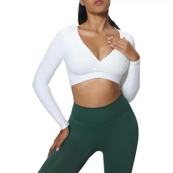 imageAoxjox Leah Long Sleeve Crops for Women Deep V Half Cutout Workout Crop T Shirt TopWhite