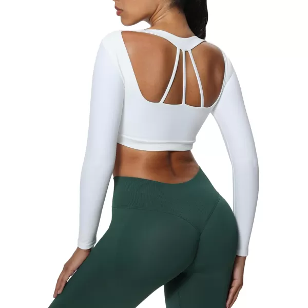 imageAoxjox Leah Long Sleeve Crops for Women Deep V Half Cutout Workout Crop T Shirt TopWhite