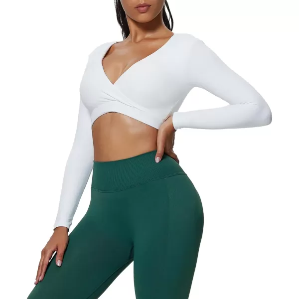 imageAoxjox Leah Long Sleeve Crops for Women Deep V Half Cutout Workout Crop T Shirt TopWhite