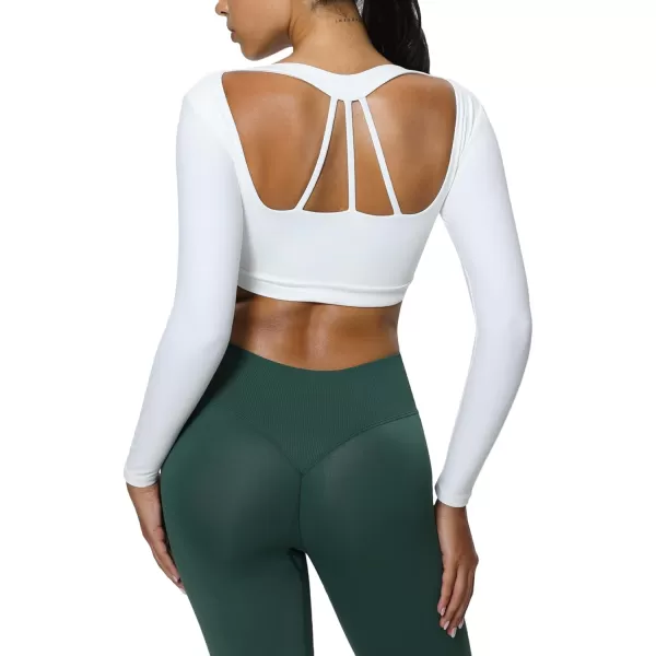 imageAoxjox Leah Long Sleeve Crops for Women Deep V Half Cutout Workout Crop T Shirt TopWhite