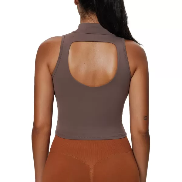 imageAoxjox Womens High Neck Tank Top Sleeveless Kim Cutout Tank Training Workout T Shirt TopFudge Coffee
