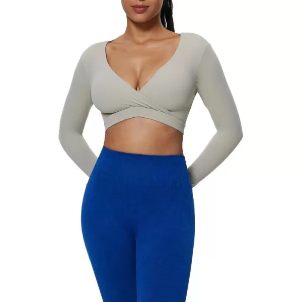 imageAoxjox Leah Long Sleeve Crops for Women Deep V Half Cutout Workout Crop T Shirt TopMink