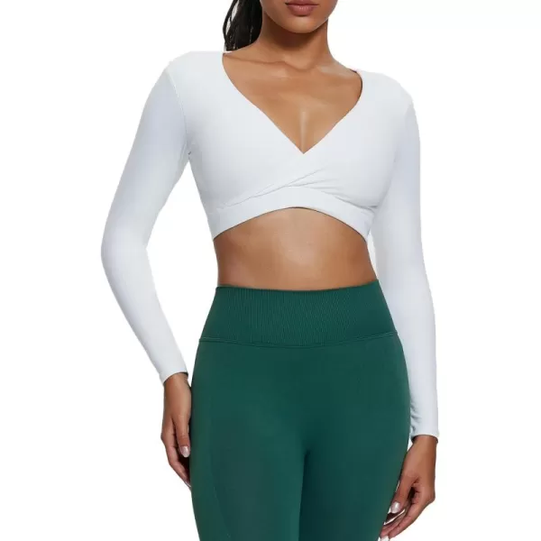 imageAoxjox Leah Long Sleeve Crops for Women Deep V Half Cutout Workout Crop T Shirt TopWhite