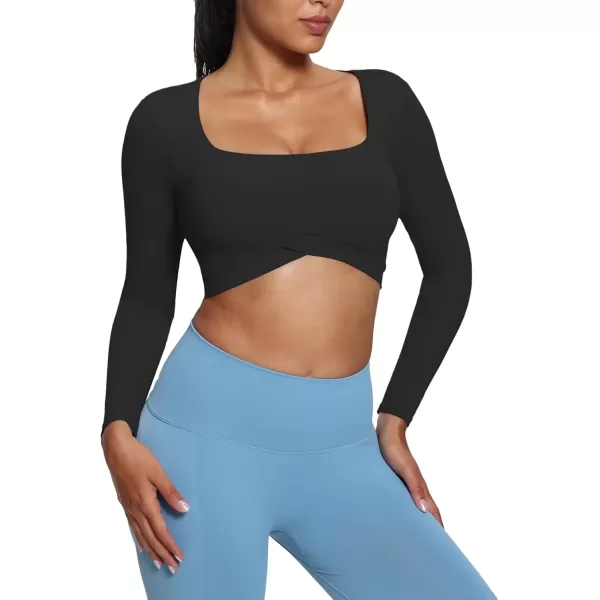 imageAoxjox Vivie Long Sleeve Crop Top for Women Square Neck Hem Layers Workout Crop T Shirt TopBlack
