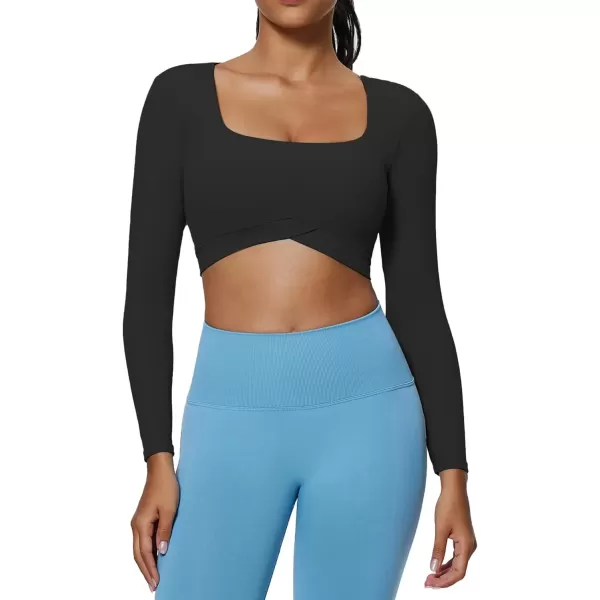 imageAoxjox Vivie Long Sleeve Crop Top for Women Square Neck Hem Layers Workout Crop T Shirt TopBlack