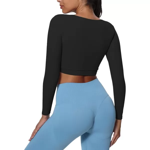 imageAoxjox Vivie Long Sleeve Crop Top for Women Square Neck Hem Layers Workout Crop T Shirt TopBlack